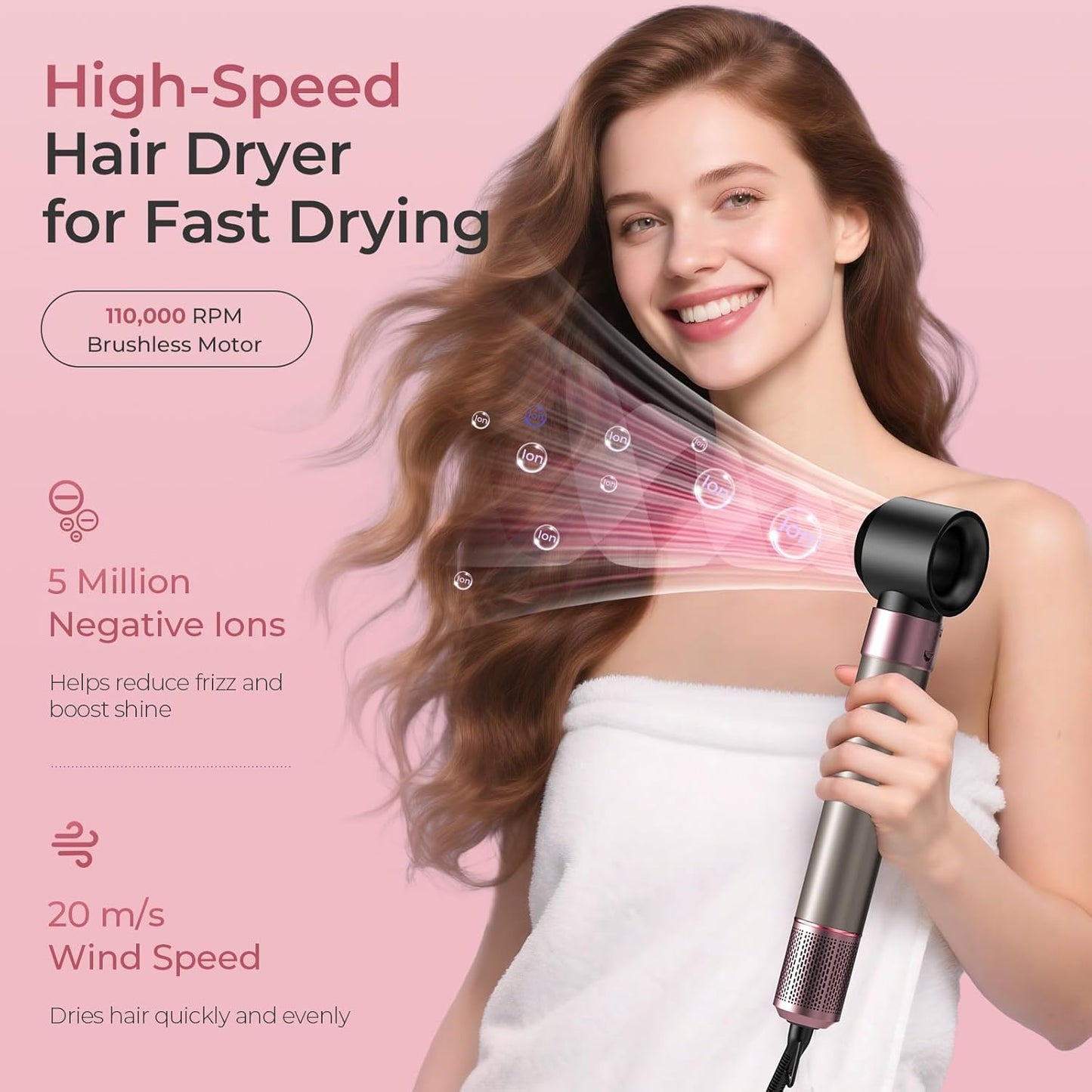 Vincofy 7-in-1 Hair Dryer Brush - Fast Drying, Curling & Volumizing | 1500W Motor, Pink