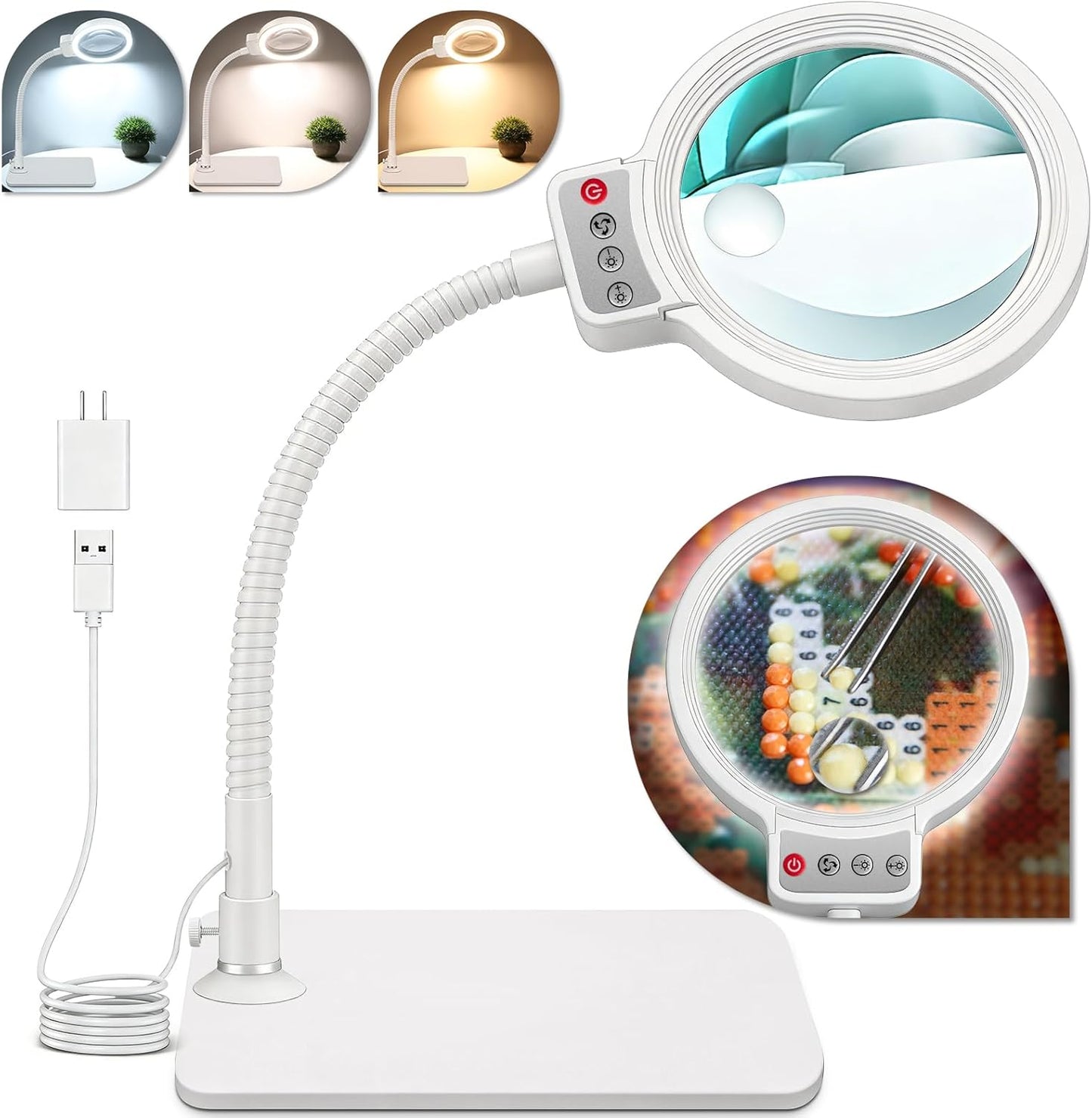 30X 10X Magnifying Glass with Light - 72 LED, Dimmable, Hands-Free Desk Lamp for Crafts | Square Design