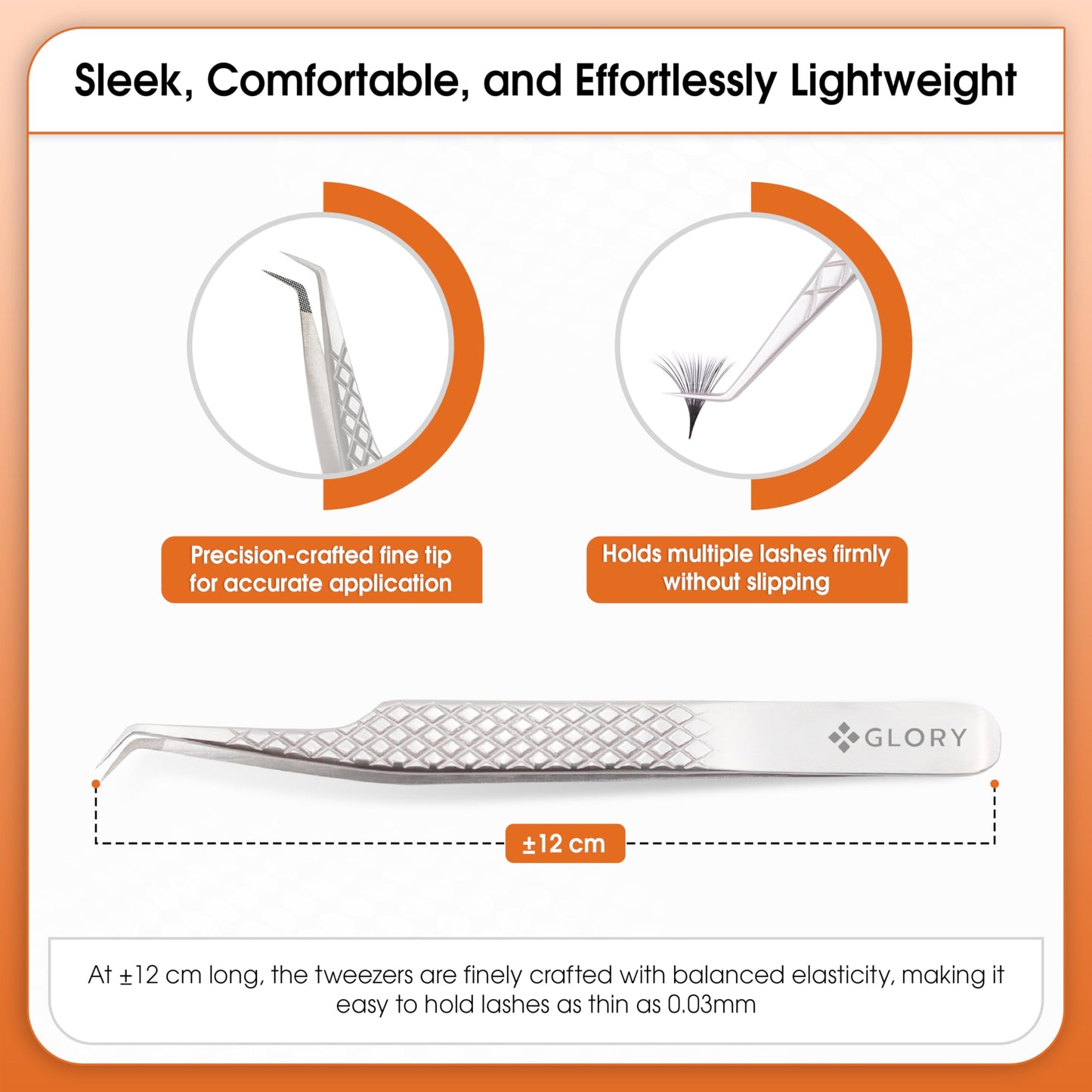 Glory Professional 45 Degree Angle Lash Tweezers for Eyelash Extensions, Precision Fiber Tip Diamond Grip Stainless Steel Lash Tool for Classic, Volume & Mega Volume Professional Lash Tech Supplies