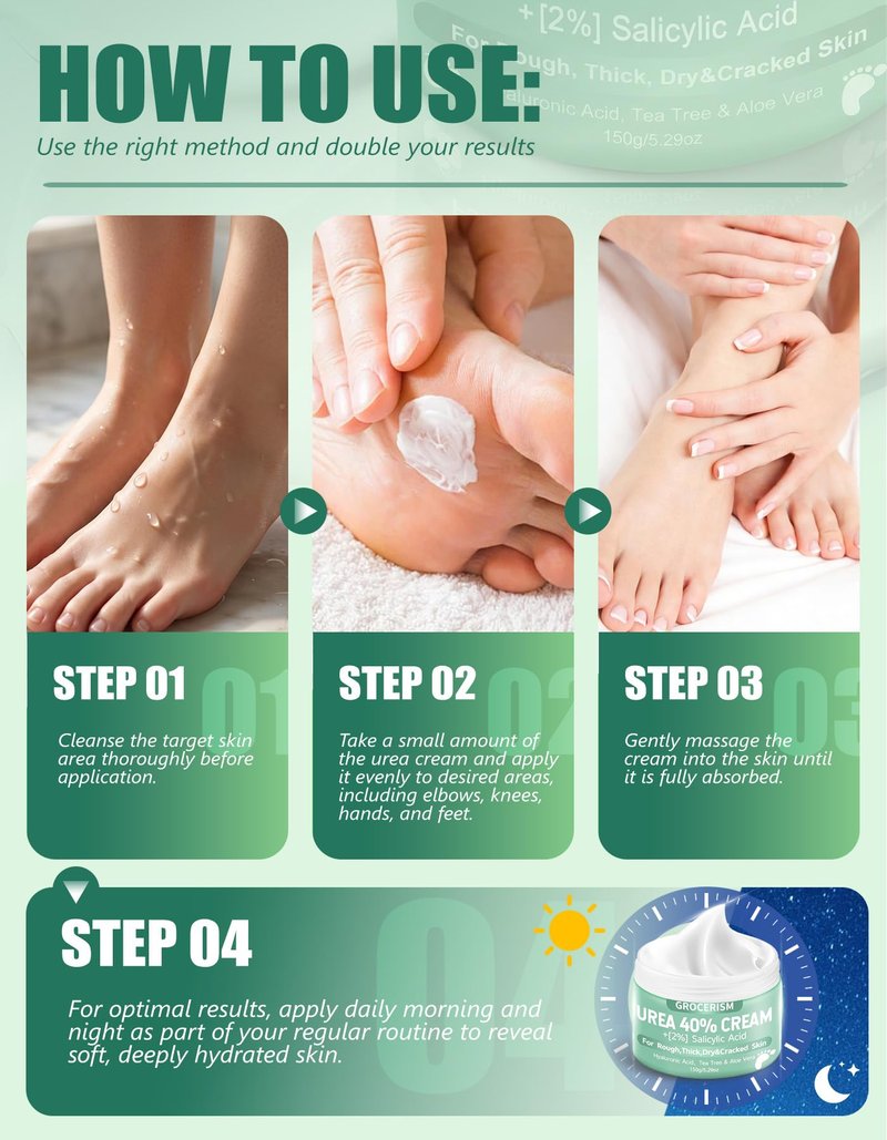 Grocerism 2 Packs Urea Cream 20% Plus 2% Salicylic Acid 5.3oz || Foot Cream Maximum Strength with Hyaluronic Acid, Tea Tree and Aloe Vera for Deep Moisturizes, Callus Remover and Soften