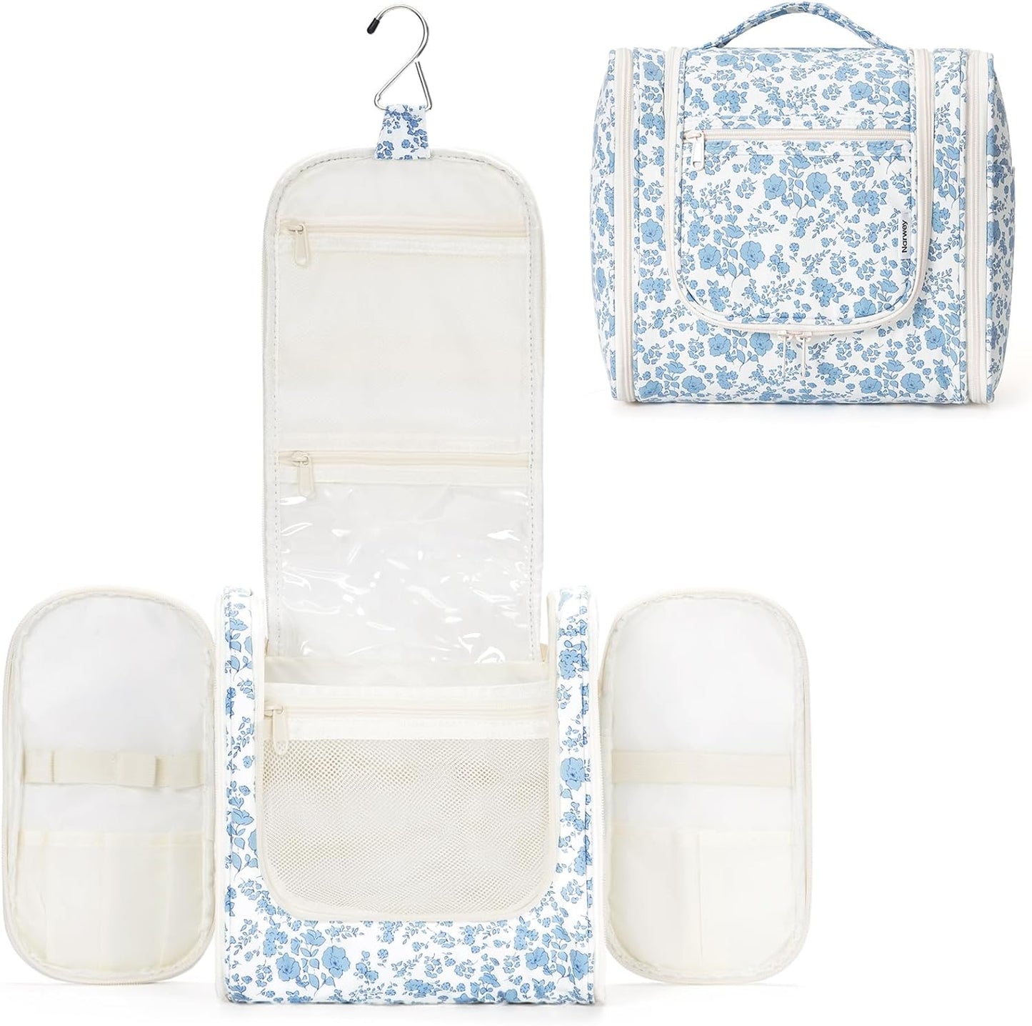 Hanging Toiletry Bag for Women | Travel Makeup Organizer - Large Blue Leaf Design