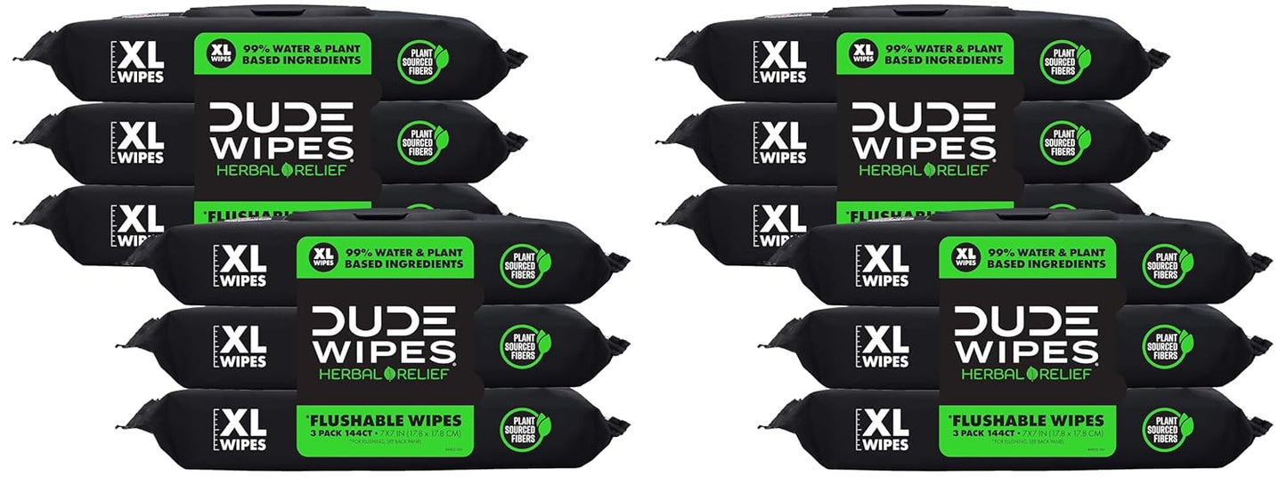 Dude Wipes Unscented Flushable Wipes - Extra-Large Adult Wet Wipes for Sensitive Skin | 6 Pack (288 Count) with Vitamin E and Aloe