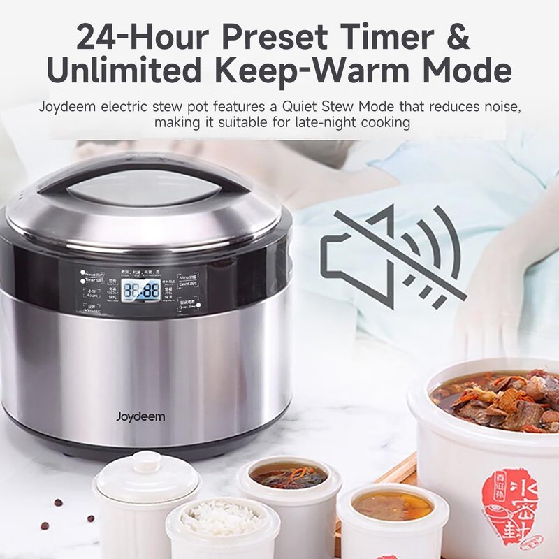 Joydeem Electric Stew Pot, 8.5Qt Stainless Steel Inner Pot with 5 Ceramic Liners (3.5L + 4 × 0.45L), Dual Cooking Modes, Brushed Stainless-Steel Exterior, For Soup, Congee & Bird’s Nest, DDG-B350