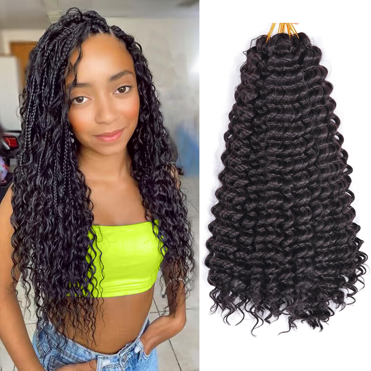 Ocean Wave Crochet Hair Extensions - Deep Wave Synthetic Braiding Hair for Women | 24 Inch, #1B (Pack of 2)