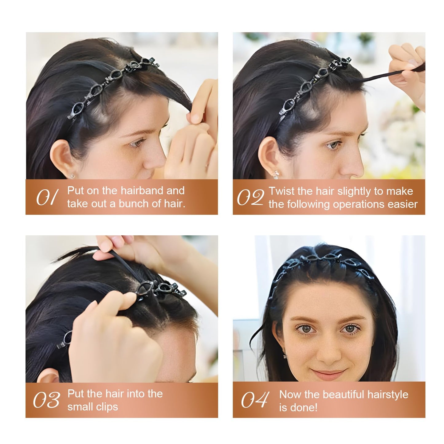 Headband with Clips 2 Pcs Bangs Hairstyle Hairpin Headband with 8 Clips Each, Multi Layer Toothed Braid Tool for Easy DIY Hairstyles, Hair Styling Accessories for Women Girls (Black × 2, One Size)