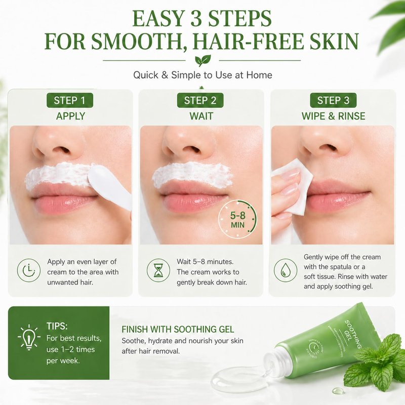 Facial Hair Removal Cream for Women - (Contains Soothing Gel) Kit Gentle & Painless Hair Remover for Upper Lip Chin & Sideburns, 5-8Minute Quick Depilatory Cream for Sensitive Skin Effective at-Home