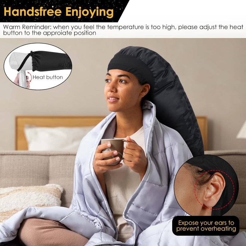 Hair Dryer Bonnet Attachment - Extra Large Adjustable Hooded Cap for Natural Curly Hair Care | Fast Drying, Easy to Use - Black