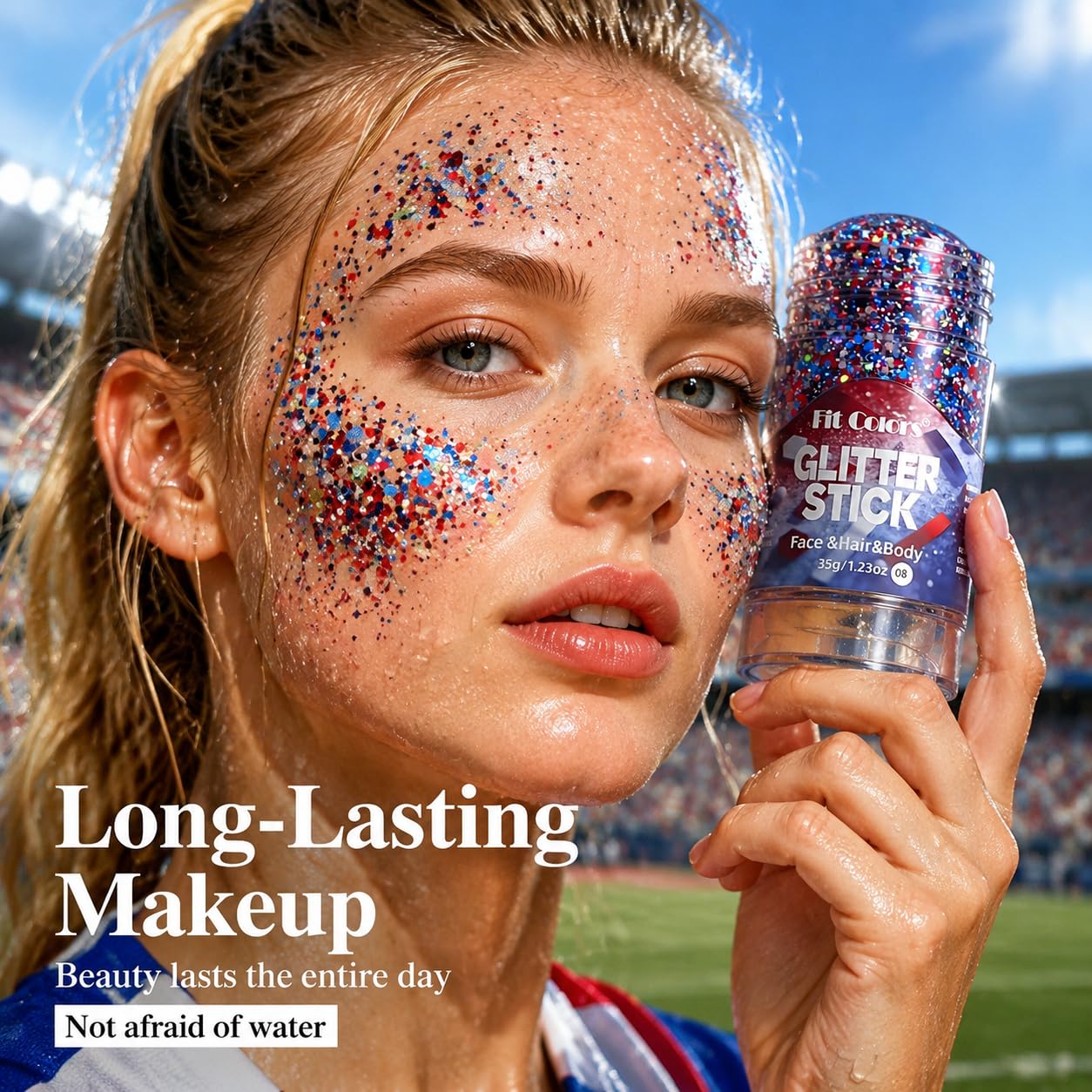 Red White Blue Glitter Stick – Sparkling Hair & Face Glitter Gel, Sequins Glitter Face Paint for Concerts, Rave Accessories, Chunky Sequins Mermaid Style, Halloween & Festival Body Art