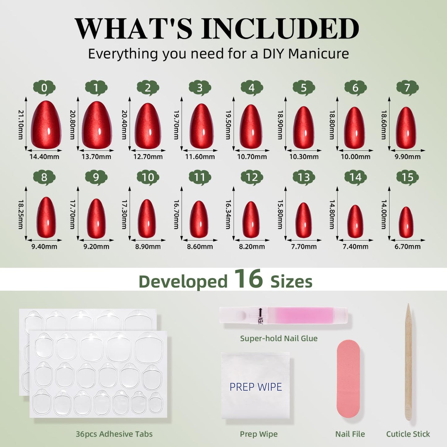 Red Cat Eye Press On Nails - Almond Short Reusable Fake Nails | 32pcs in 16 Sizes, Garnet Color