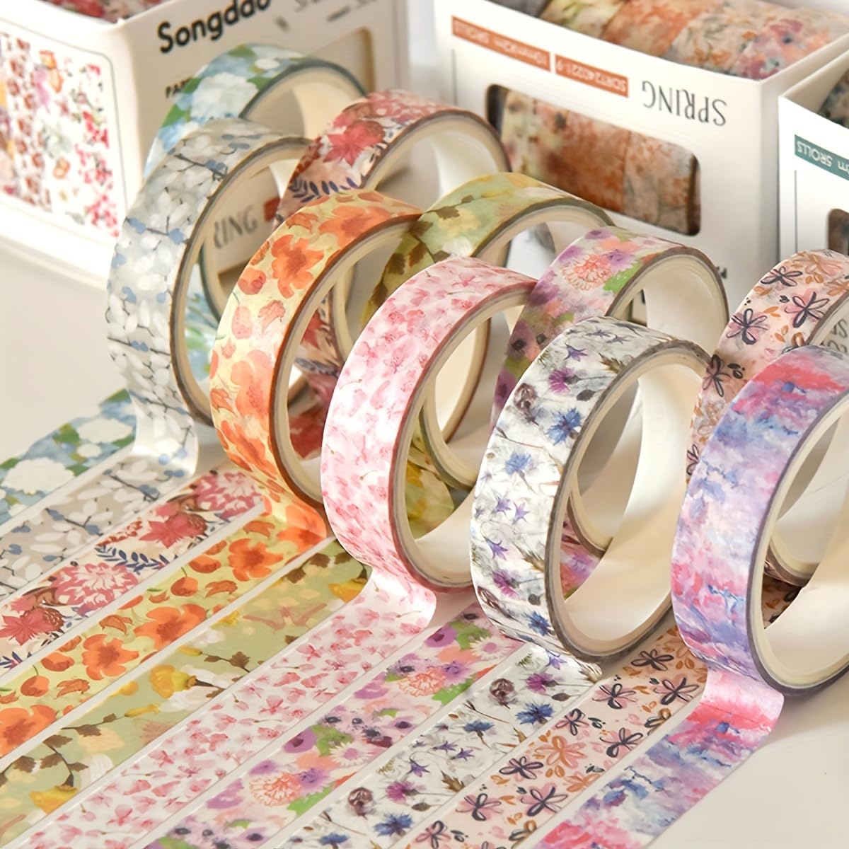 5 Rolls Floral Washi Tape, Tearable Self-Adhesive Decorative Tape for Journal Scrapbook Planner DIY Craft Party Decoration, Spring Flower Romantic Series 4