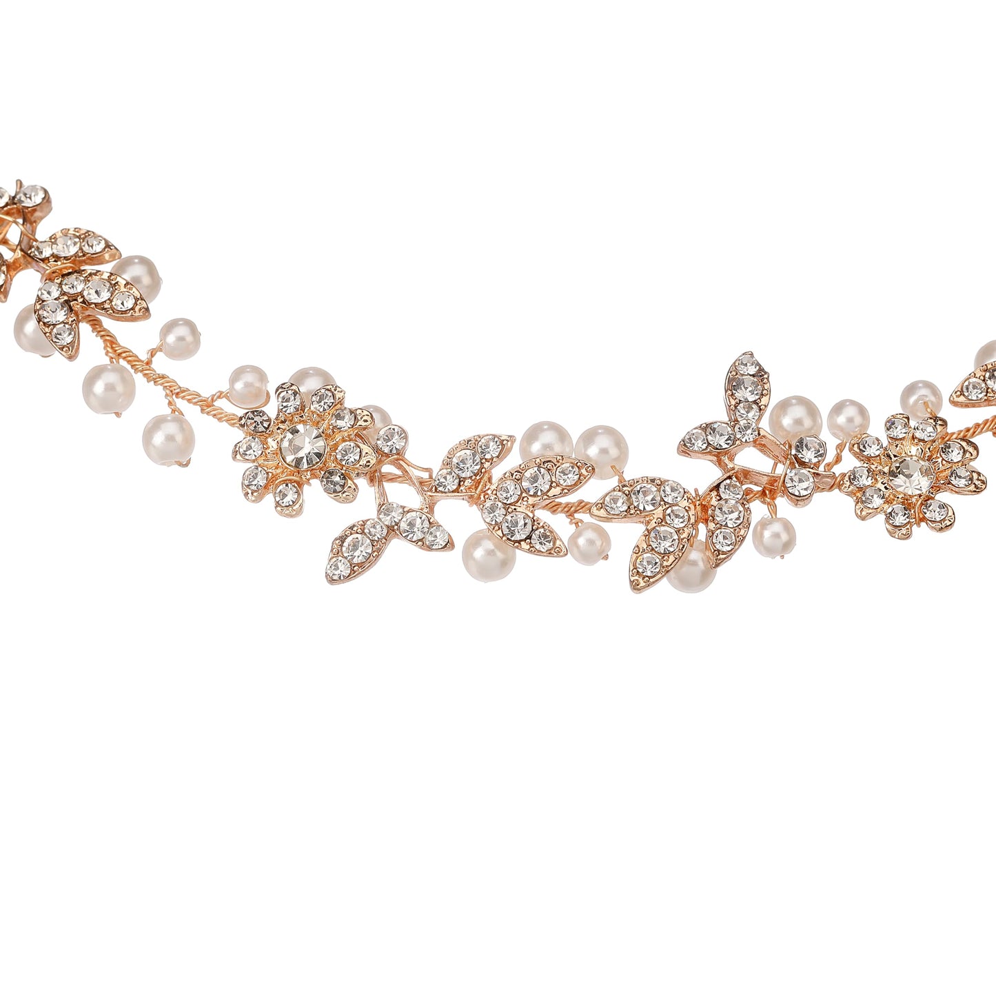 Gold Leaves & 9-Petal Crystal Flowers Pearls Bridal Hair Vine, 12.7" Handmade Wedding Headpiece, Flexible Bridal Headband with 19.5" Satin Ribbon for Bride Bridesmaid Prom Pageant Formal Events