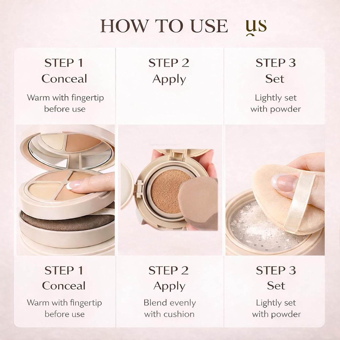 3 in 1 Makeup Base Compact - Concealer, Cushion Foundation & Setting Powder | Lightweight Travel Kit (Hydrating)