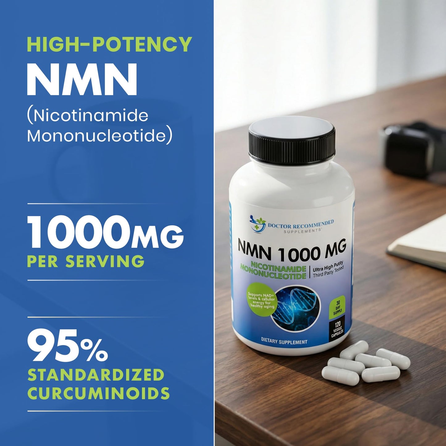 DOCTOR RECOMMENDED SUPPLEMENTS NMN 1000mg (Nicotinamide Mononucleotide) - 120 Veggie Capsules, 30 Servings - Supports NAD+ Levels & Cellular Energy - Third Party Tested, Non-GMO, Gluten Free