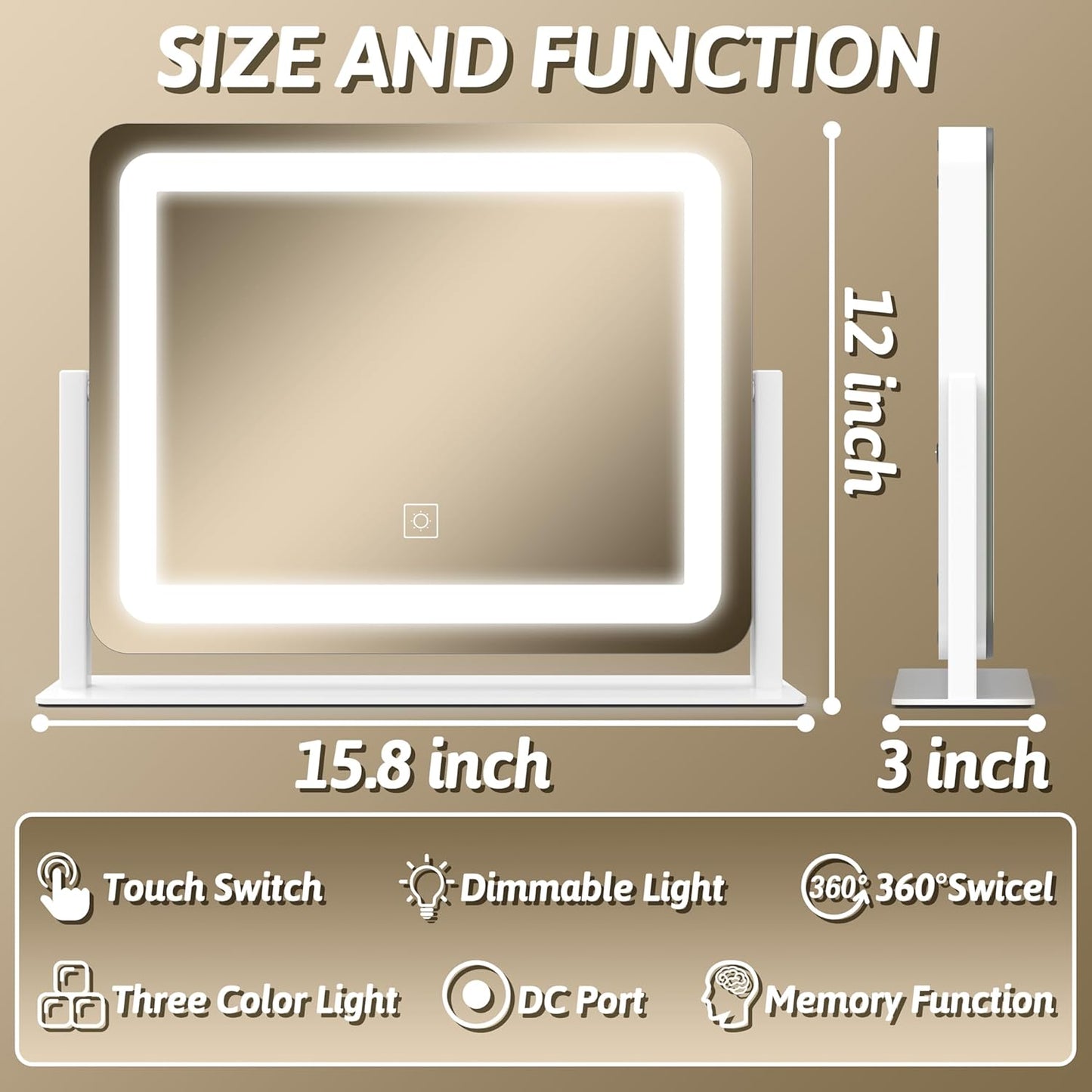 Lighted Makeup Mirror with Smart Touch Control - 12" x 16" LED Vanity Mirror, 3 Color Modes, 10X Magnification, 360° Rotation