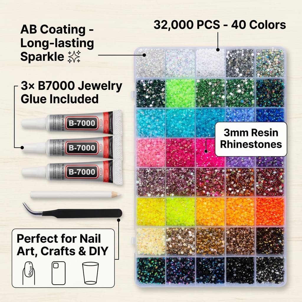 Resin Jelly Rhinestones - 32000 Pcs 3mm Flatback Gems Kit for Crafting | 40 Colors for Clothes, Shoes & Nail Art