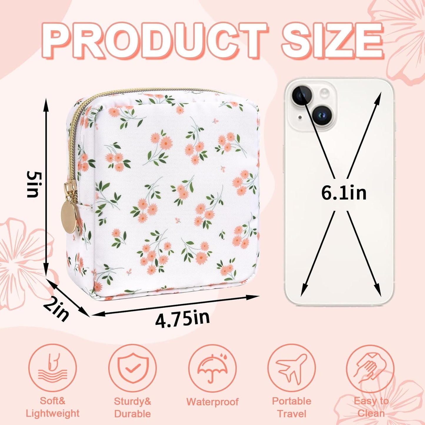 Waterproof Mini Floral Makeup Bag - Nylon Travel Pouch for Women | Cute Zipper Toiletry Organizer (Mini White-Flowers)