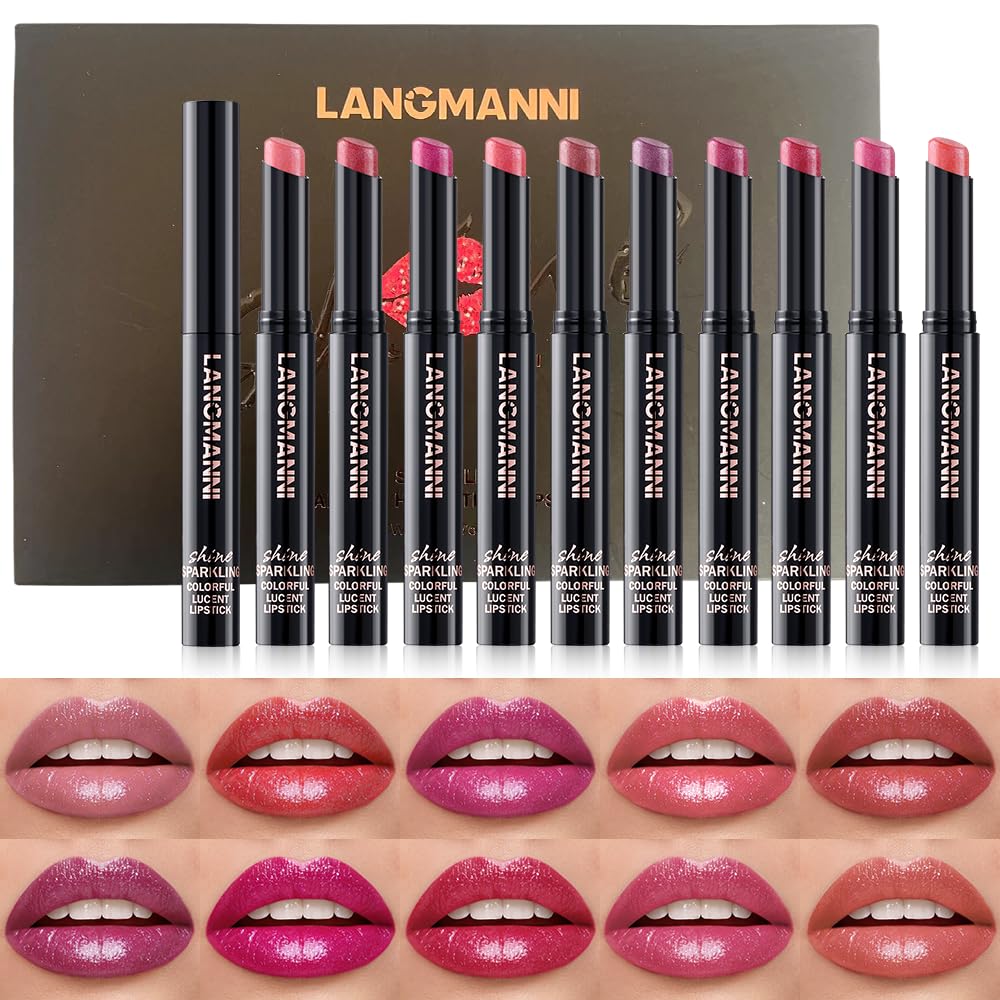 Shimmer Lipstick Set - 10 Colors with Fine Glitter | Long-Wearing & Moisturizing Shades for Daily Wear