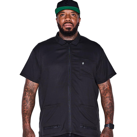 Barber Strong Barber Jacket Jacket, Men's Black, Hair Repellent, Lightweight and Breathable Vented Side Panels, Features Easy Hair Removal and 2-Way Zipper Closure, L