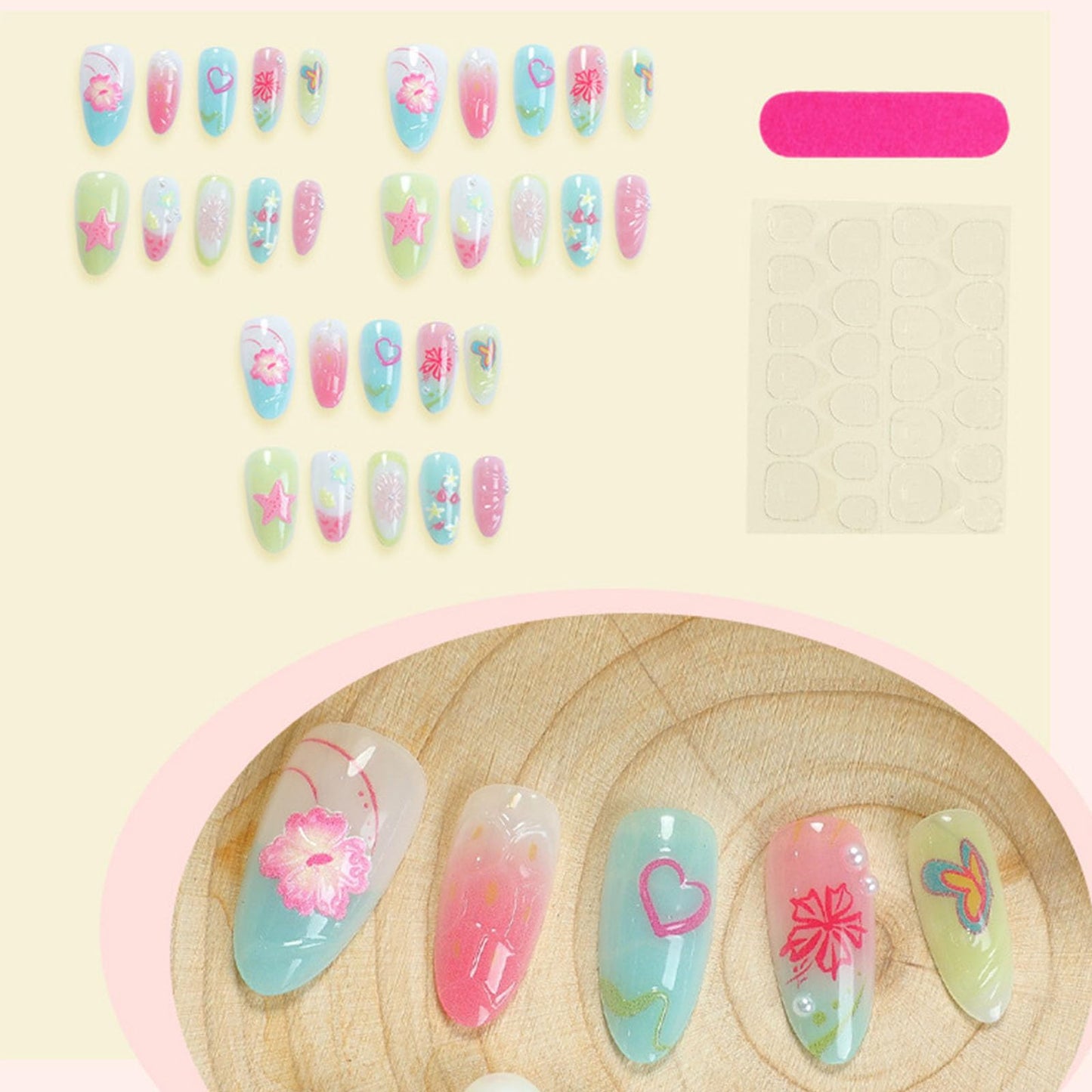 30 Pcs Summer Press on Nails Almond Medium Fake Nails with Beach Shells 3D Flowers Starfish Hearts Designs Cute Acrylic Nails Press ons Glossy Glue on Nails for Women Girls