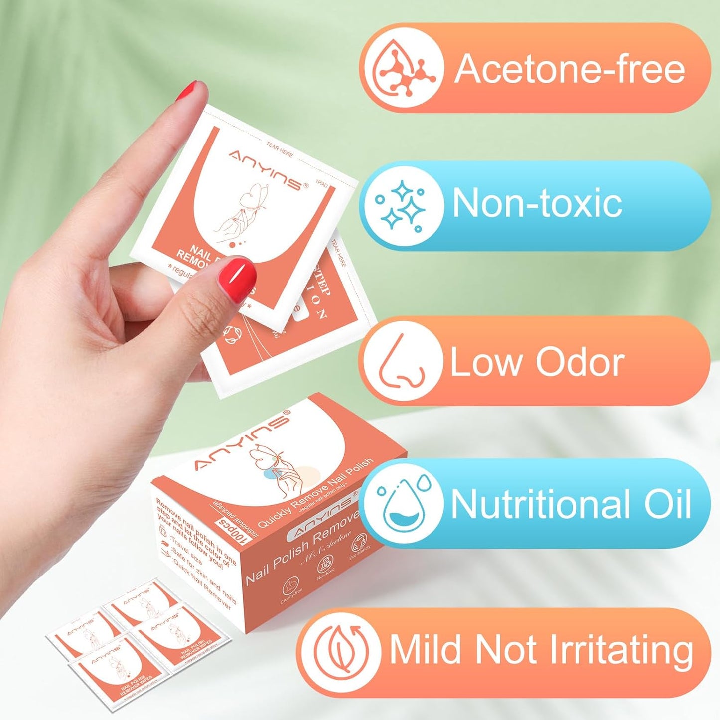 Nail Polish Remover Pads - 100PCS Non-Toxic Wipes with Nourishing Oil | Individually Wrapped for Salon & Travel Use