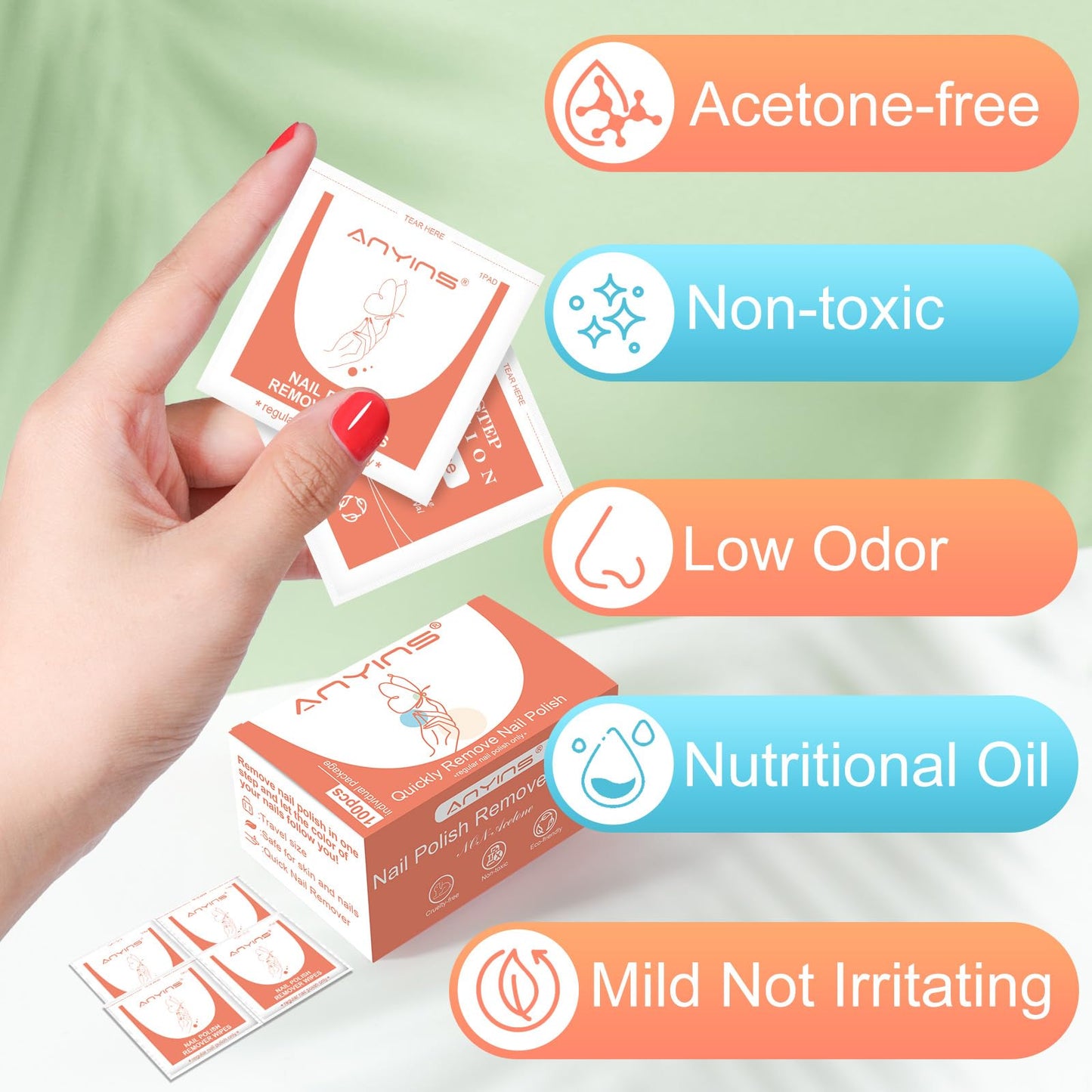 ANYINS Nail Polish Remover Pads，100PCS Nail Polish Remover Wipes Non-Toxic Fast Remove with Nutrition Oil Individually Wrapped Professional Nail Salon and Home & Travel Use