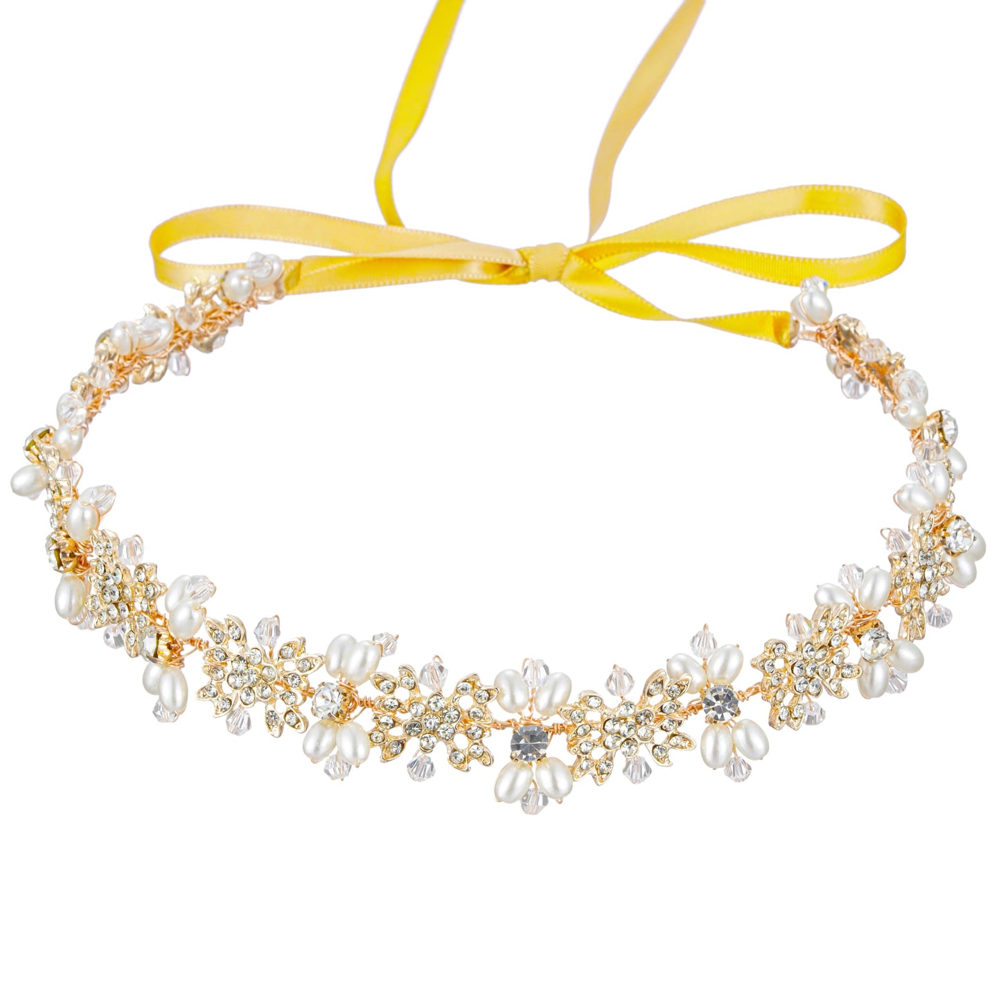 527&huan Gold Butterfly Bridal Headband Teardrop Pearls Crystal Rhinestone Wedding Hair Vine, Handmade Copper Wire Woven Wedding Hair Accessory with Satin Ribbon for Bride Bridesmaid Prom Pageant