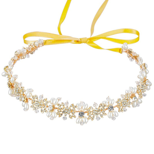 527&huan Gold Butterfly Bridal Headband Teardrop Pearls Crystal Rhinestone Wedding Hair Vine, Handmade Copper Wire Woven Wedding Hair Accessory with Satin Ribbon for Bride Bridesmaid Prom Pageant