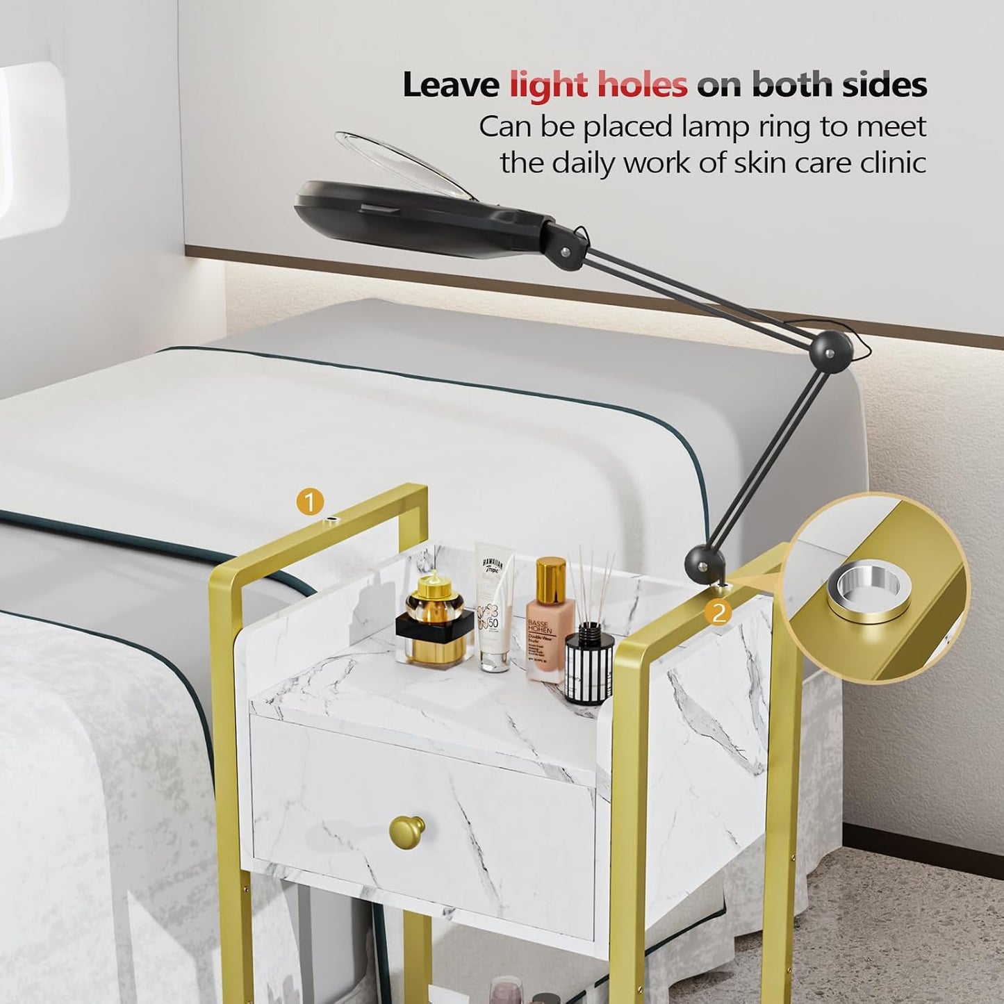 OmySalon Salon Trolley Cart - Mobile Beauty Spa Organizer with 3 Drawers & 2 Trays | White Marble Finish
