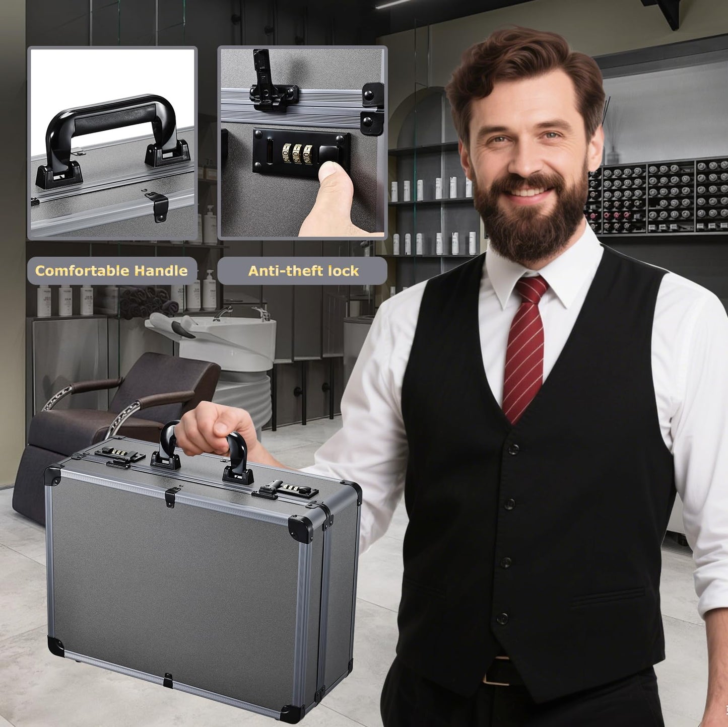 Yueieoun Professional Barber Case with Barber Clipper Tray Organizer, 6 Adjustable Clipper Slots & 8 Shear Holders, Portable Barber Carrying Case for Hair Tools & Supplies with Combo Locks