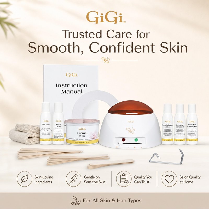 Gigi Eyebrow Waxing Kit for Women, Face and Body Hair Removal Starter Set with Mini Heater, 14 oz Honee Creme, Pre-Treatment Lotions, and Wax Muslin Strips