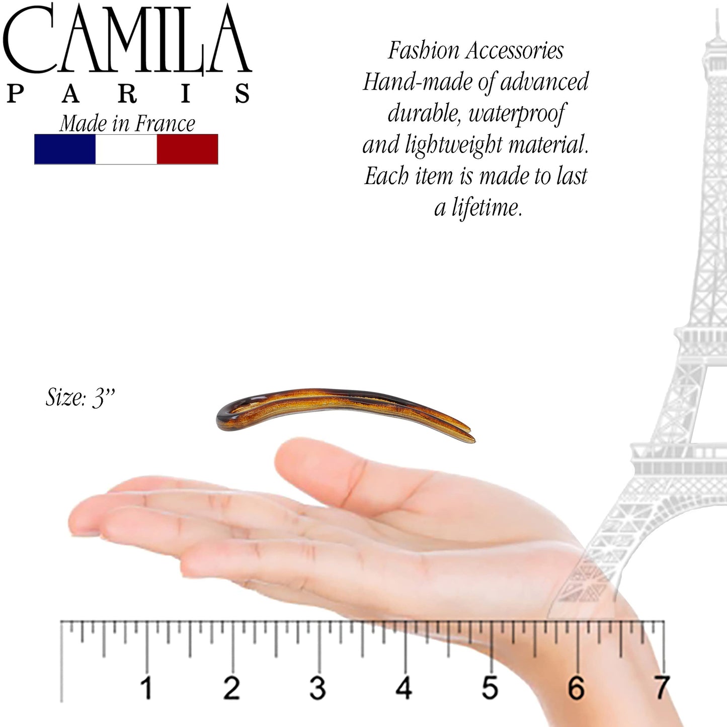 Camila Paris AD823 French Twist Stick Hair Fork, 2 Small Wavy U Shaped Hair Pin Clip for Spiral Updo Bun, Tortoise Shell, Fashion Flexible Durable Styling Hair Accessories for Women, Made in France