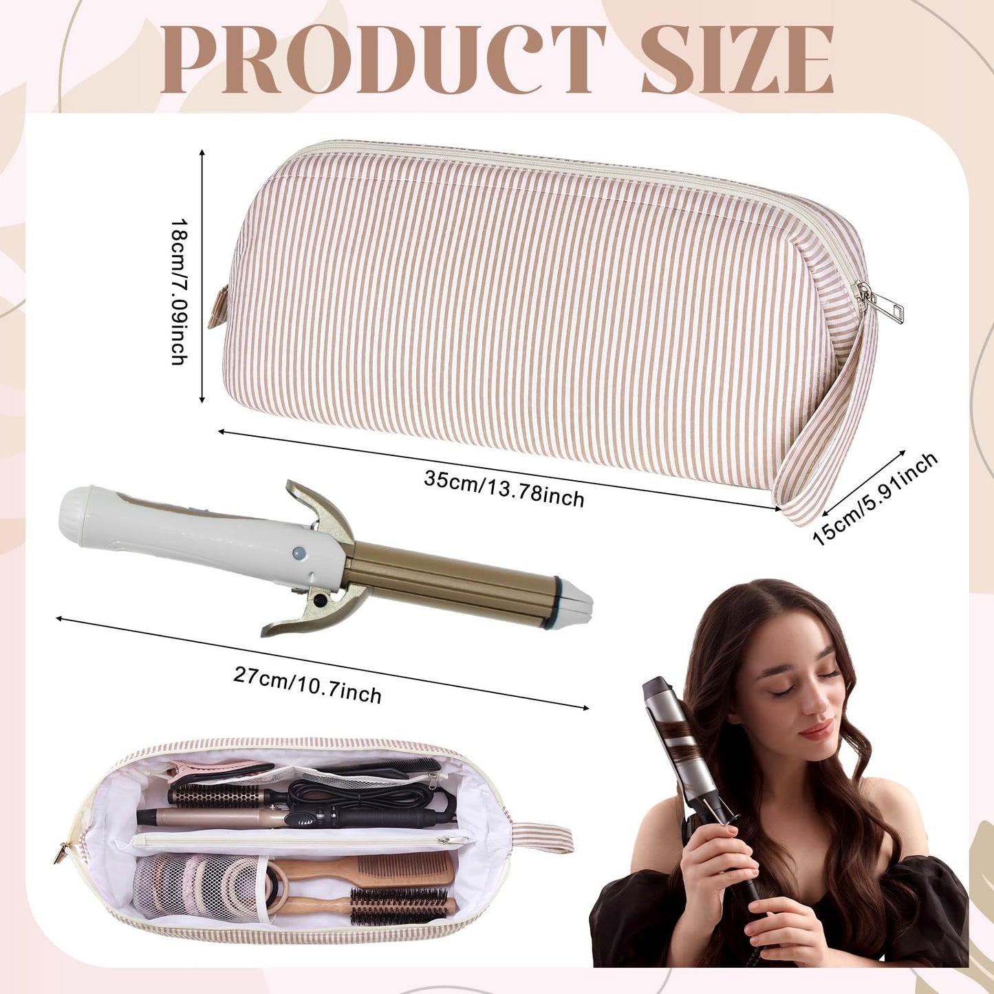 Huhumy Hair Tools Travel Bag with Handle, Large Khaki Striped Seersucker Wide Open Quilted Hot Styling Tool Organizer for Hair Dryer, Curling Irons, Flat Irons, Haircare Accessories Travel Necessities