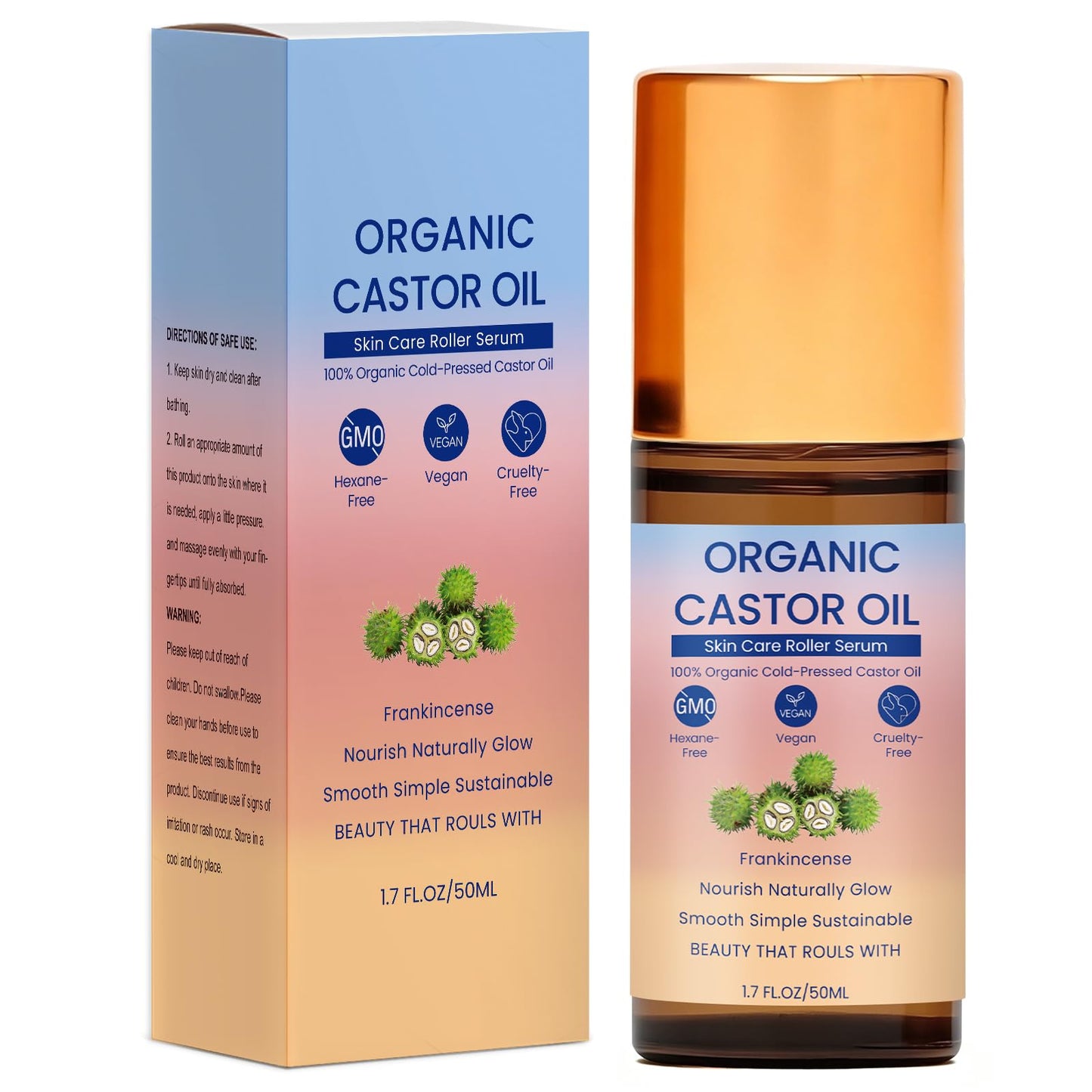 ToopBCP Organic Castor Oil with Rose Quartz Roller, 100% Pure Cold-Pressed, Used to promote hair growth, eyelash growth, eyebrow growth and skin health, Organic Castor Oil Roll On Rose Quartz. 1.7oz
