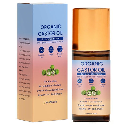 ToopBCP Organic Castor Oil with Rose Quartz Roller, 100% Pure Cold-Pressed, Used to promote hair growth, eyelash growth, eyebrow growth and skin health, Organic Castor Oil Roll On Rose Quartz. 1.7oz