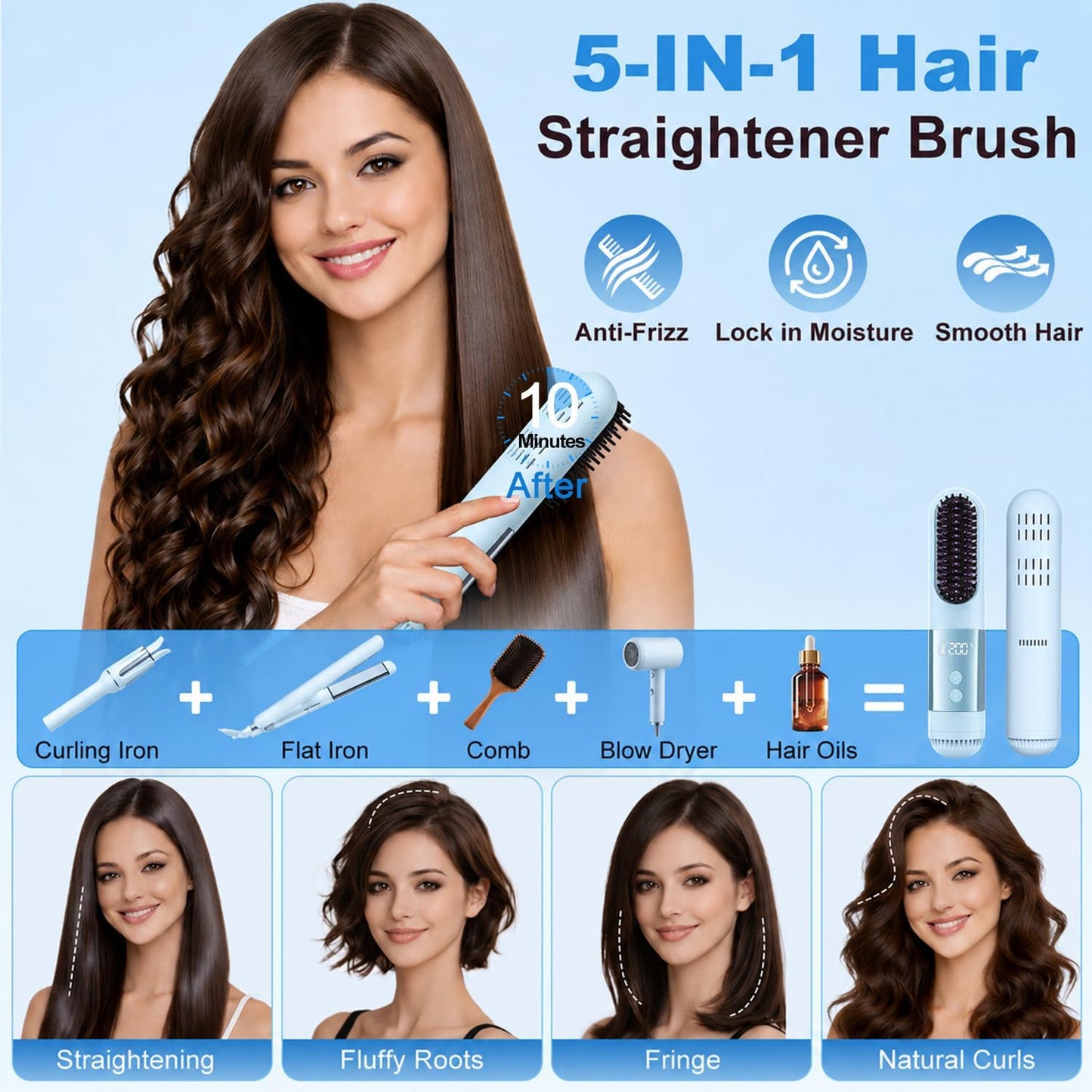 Cordless Hair Straightener Brush - 5-in-1 Portable Ionic Tool for Frizz-Free Styling | Rechargeable, Fast Heating, Anti-Scald Design