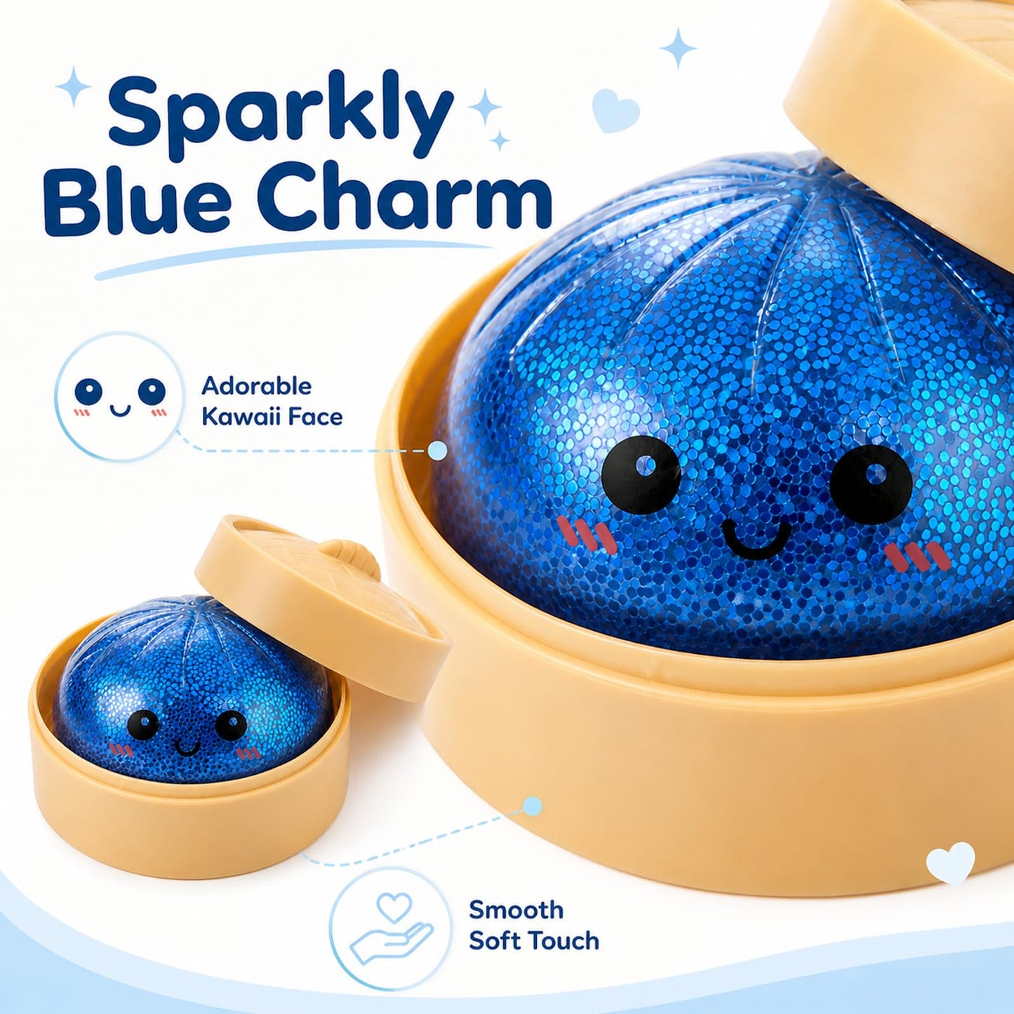Crossunx Glitter Blue Dumpling Squishies Stress Balls, Colorful Squishies Dumpling Fidget Sensory Toy with Food Steamer, Squeeze Dough Ball for Stress Relief, Stretchy Desk Toys Gift