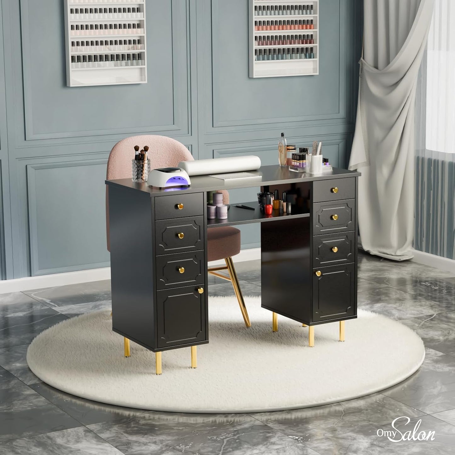 OmySalon Black & Gold Nail Desk - Electric Dust Collector, Storage Drawers & Wrist Cushion | Acetone Resistant Manicure Table