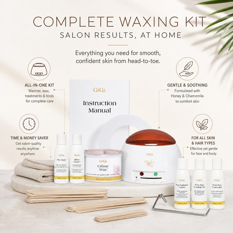 Gigi Eyebrow Waxing Kit for Women, Face and Body Hair Removal Starter Set with Mini Heater, 14 oz Honee Creme, Pre-Treatment Lotions, and Wax Muslin Strips