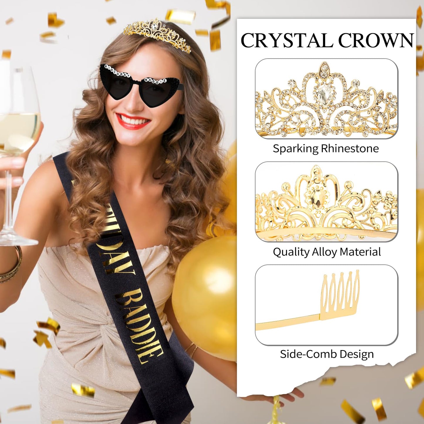 KICOSY 3PCS Birthday Baddie Sash, Crystal Crown and Sunglasses Funny Baddie Outfits Birthday Party Accessories