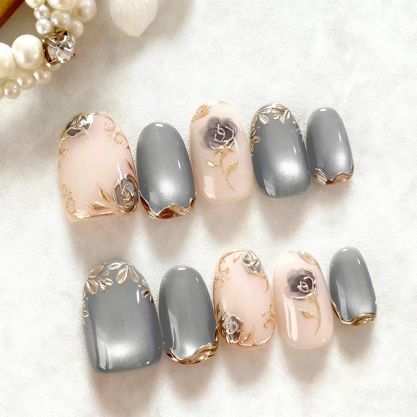 Press-On Nails - 24Pcs Medium Almond Fake Nails with Lotus & Lucky Koi Design | Glossy Full Cover for Spring/Summer DIY Manicure