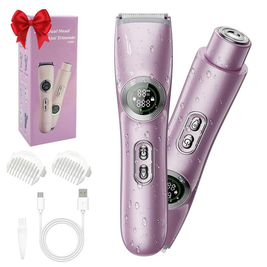2-in-1 Electric Bikini Trimmer for Women: Dual Head Pubic Area Body Hair Shaver for Womens - Rechargeable IPX6 Wet Dry Razor with LED Display for Female - Painless Facial Removal Ceramic Blade Shavers