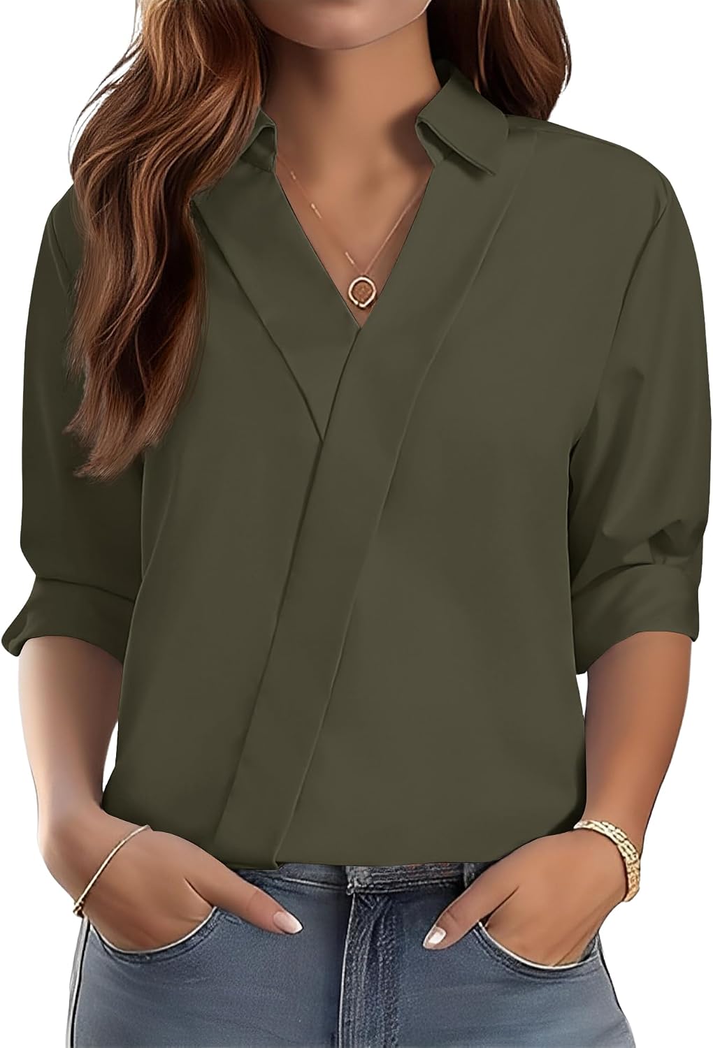 3/4 Length Sleeve Women's Dressy V-Neck Collared Tops - Trendy Business Casual Blouses for Work & Vacation