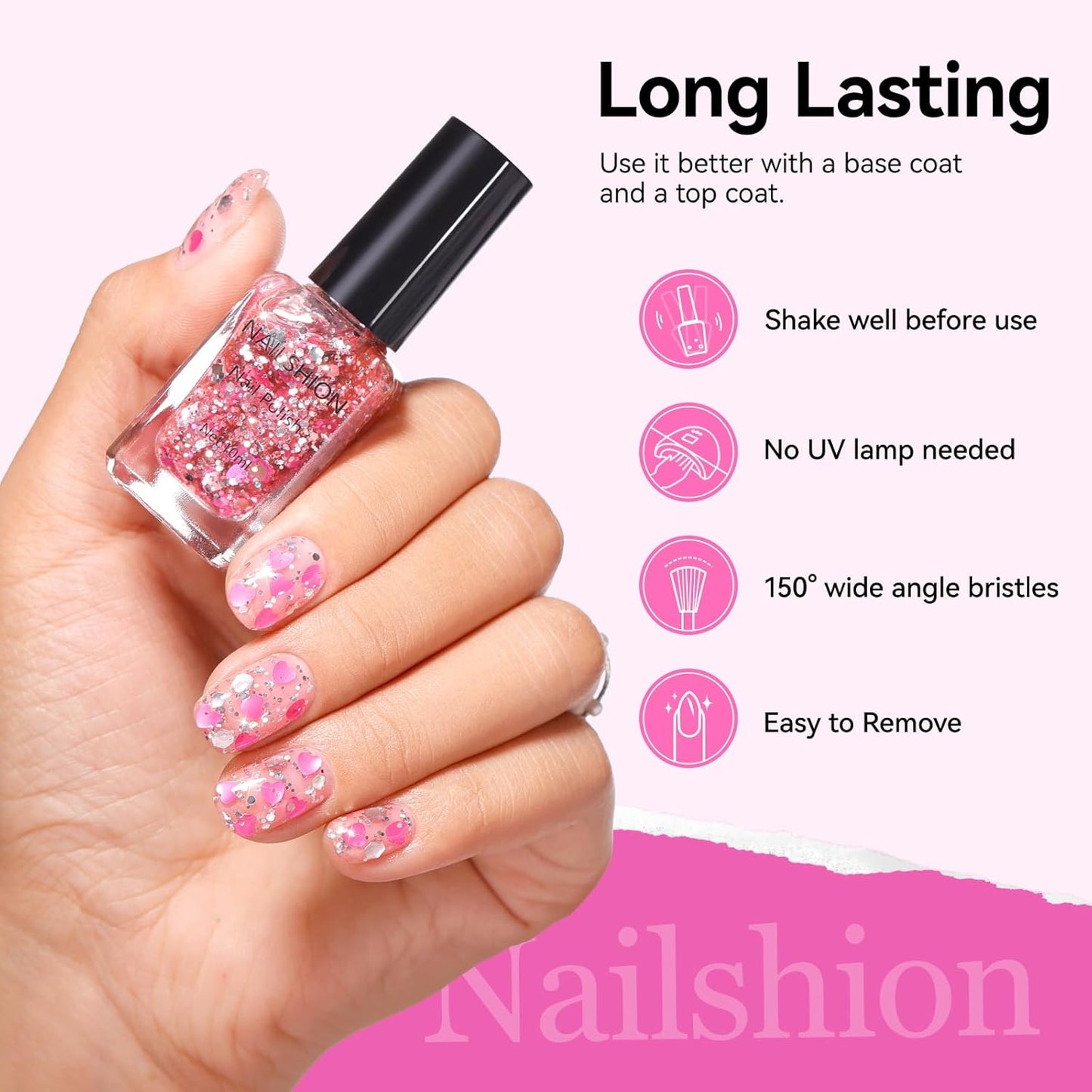 Hot Pink Hearts Confetti Nail Polish - Quick Dry Vegan Formula | Ombre Sparkle for DIY Manicure