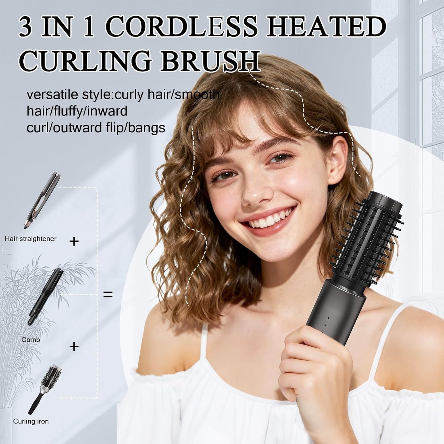 Cordless Hot Brush - Portable Hair Straightener with 4 Temperatures | Fast Heating, Anti-Scald, Anti-Frizz - Classic Black