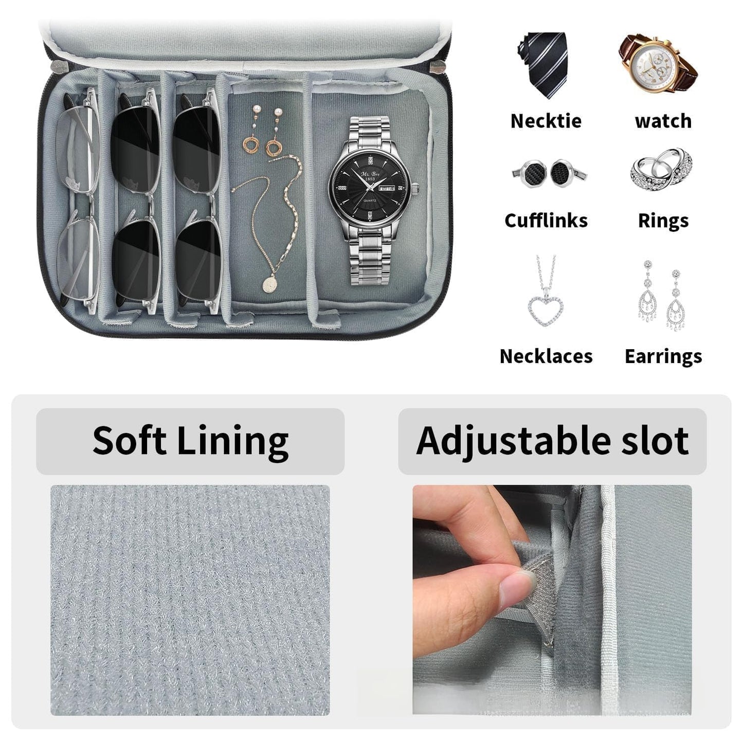 Travel Sunglasses Organizer Glasses Case Multiple Pairs Adjustable Slots Portable Eyeglasses Case Storage Box for Men Women (grey)