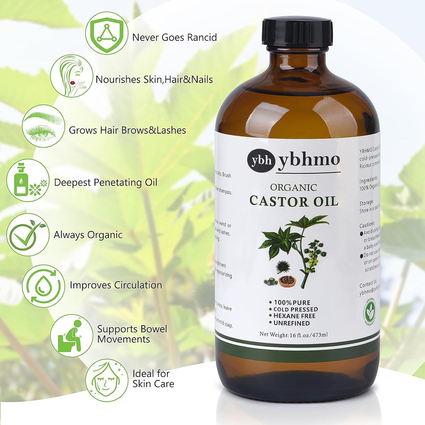 Cold Pressed Castor Oil - 100% Pure & Hexane Free for Hair Growth | 16 Fl Oz Organic Glass Bottle
