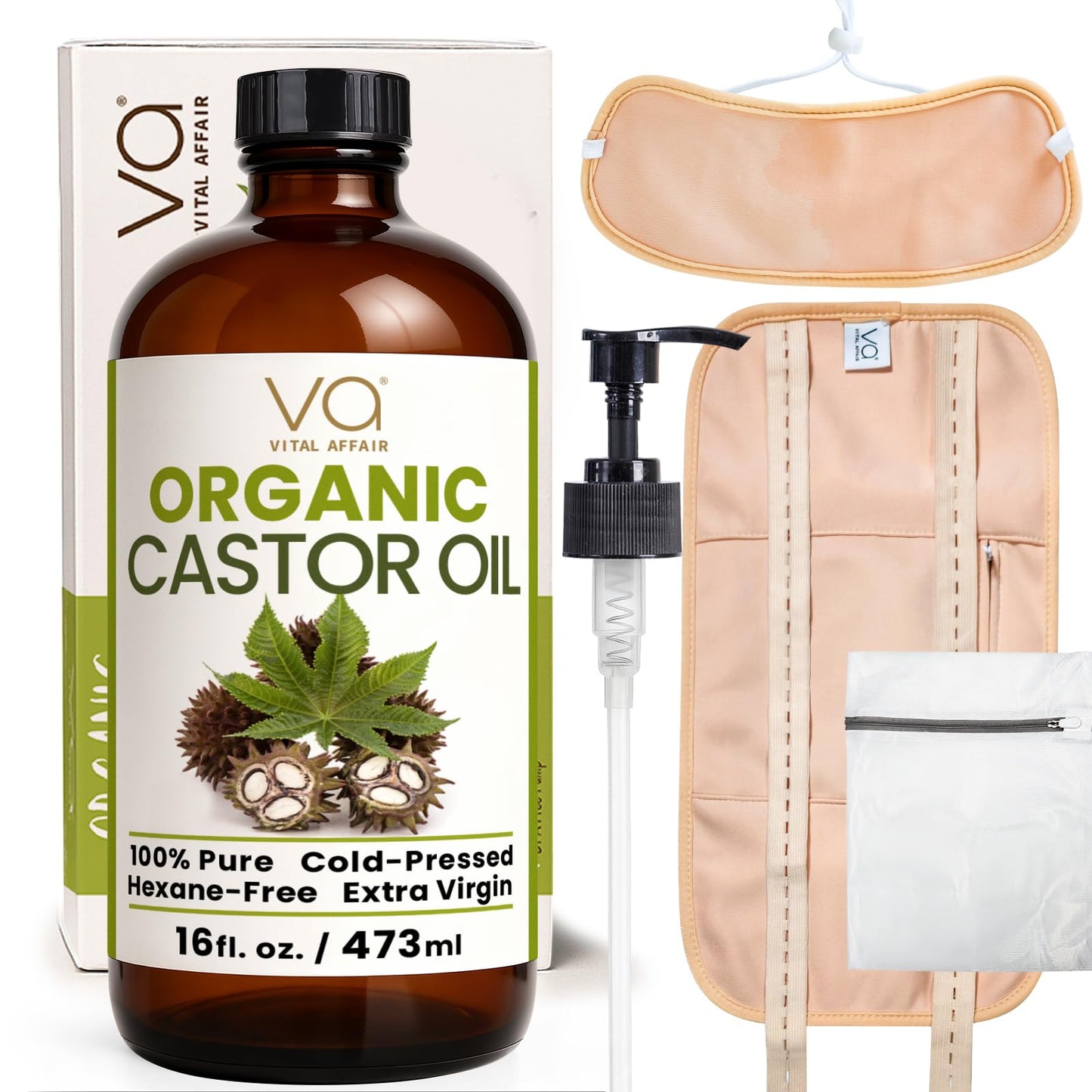 Castor Oil Pack Wrap Kit – USDA Organic, 16 oz Cold-Pressed Hexane-Free Castor Oil in Glass Bottle | Adjustable Cotton Flannel Waist & Neck Wraps | Liver, Abdominal & Detox Therapy