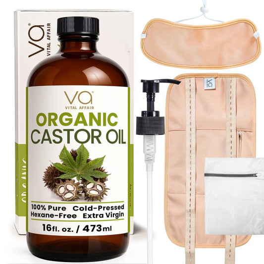 Castor Oil Pack Wrap Kit – USDA Organic, 16 oz Cold-Pressed Hexane-Free Castor Oil in Glass Bottle | Adjustable Cotton Flannel Waist & Neck Wraps | Liver, Abdominal & Detox Therapy