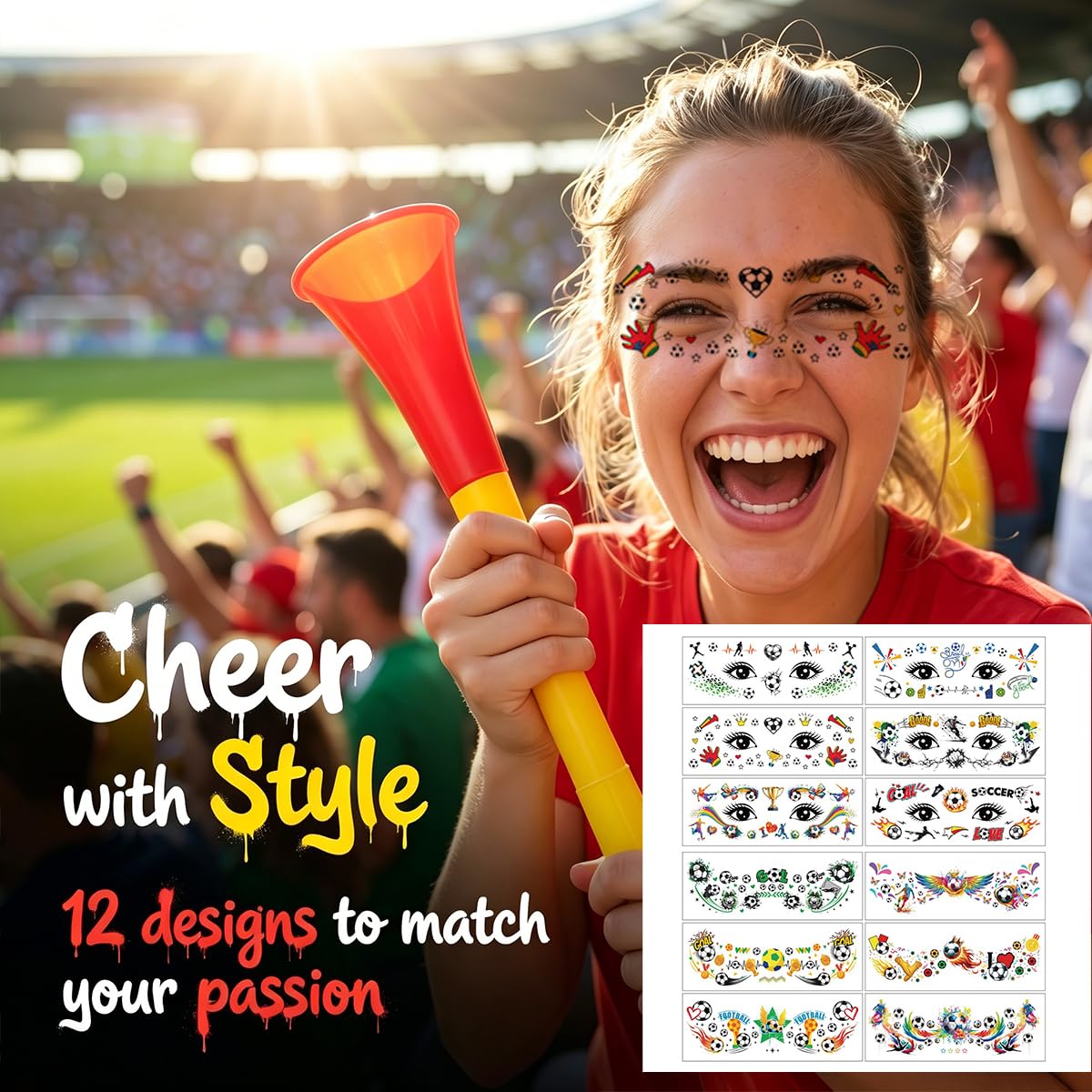 12Sheets Soccer Temporary Tattoos 2026 Face Body Stickers, Waterproof Sport Decals for Fan Parties, Events, Men Women