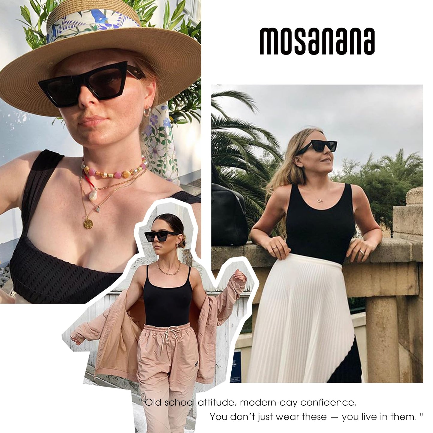 mosanana Cat Eye Sunglasses for Women Trendy Square Cateye Black Retro Cool Vintage Fashion 90s Cute Funky Ladies Small Chunky Unique MS51801